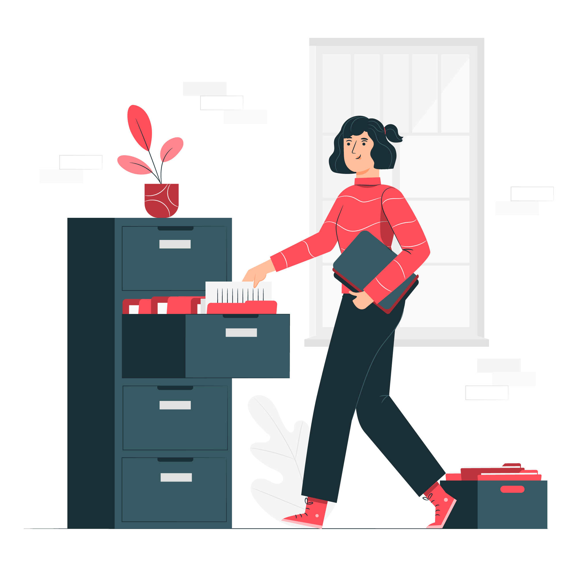 This image represents a woman organizing documents in a drawer.