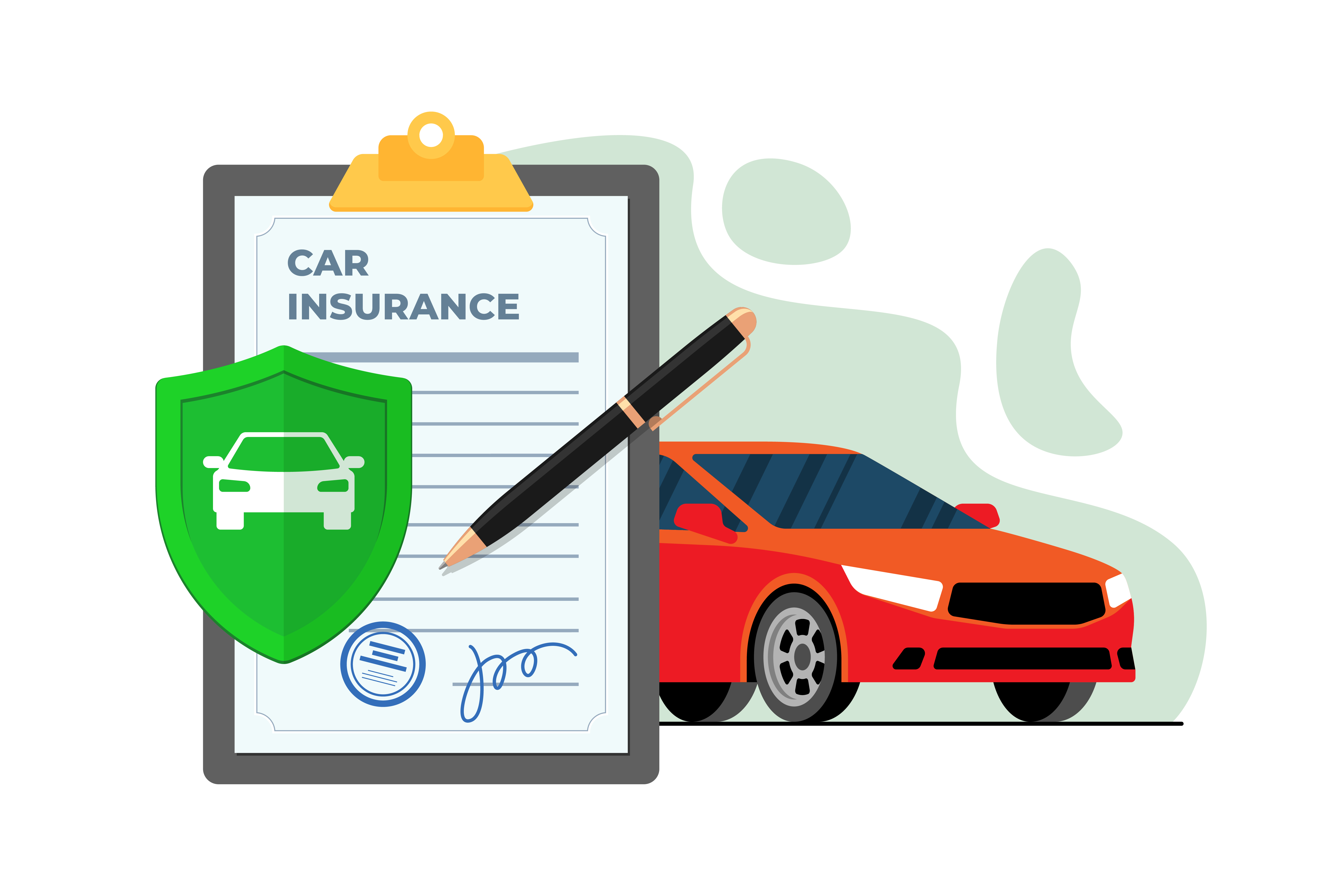 This image represents a duly signed car insurance policy document with a red car beside it. 