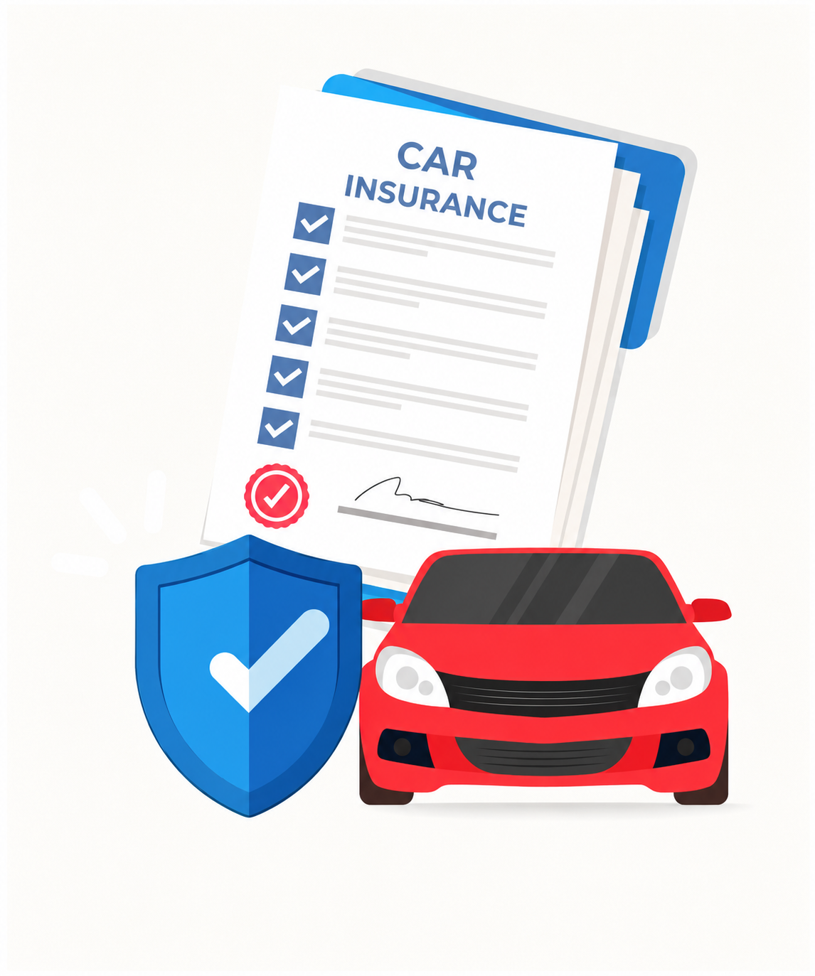 This image represents a red car with a shield and vehicle insurance documents signed in the background.